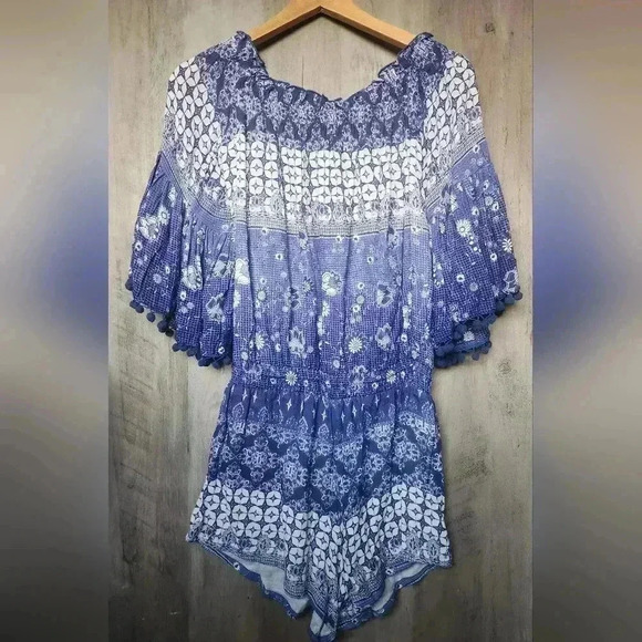 Anthropologie Raga Mazo Pommed Boho Blue Romper Women's Small - Picture 9 of 11